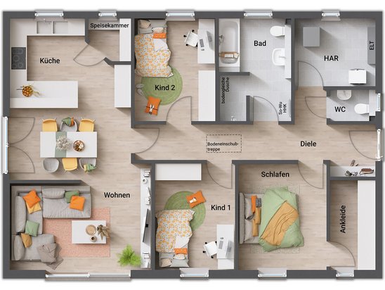Bungalow 110 Grundriss mit Eingang an der Walmseite, Ankleide im Schlafzimmer und praktischer Speisekammer